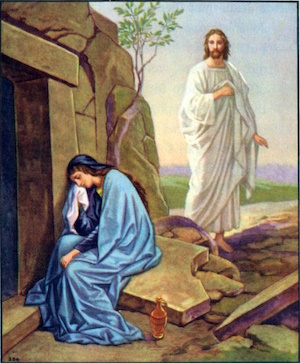 Mary weeping at the tomb and the risen Jesus